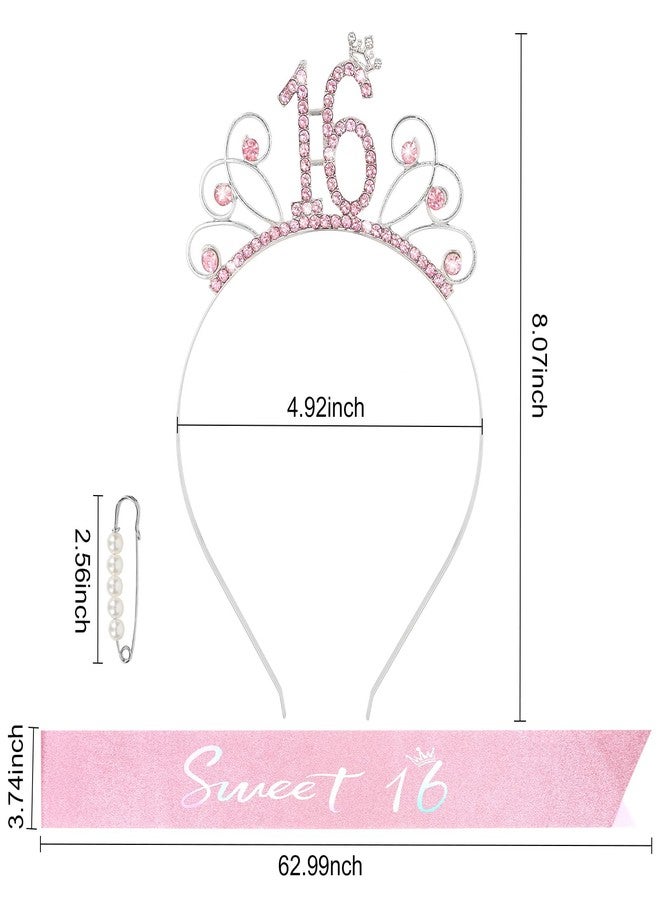 YARIEW Sweet 16 Birthday Sash Headband, 16th Birthday Crown and Sash, Pink - Image 2